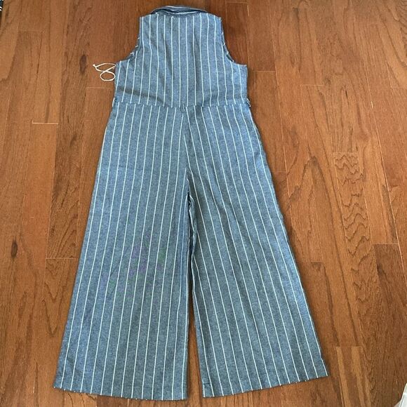 NWT PURPLE SNOW M White Stripes Jumpsuit Smocked Blue Wide Leg Cropped Pants - Picture 9 of 10